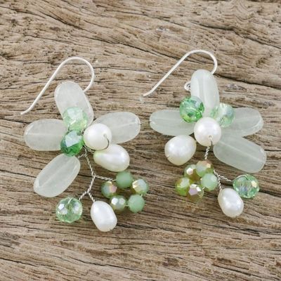 Alternate image for Green Quartz and Pearl Dangle Earrings from Thailand Elegant Flora in Green
