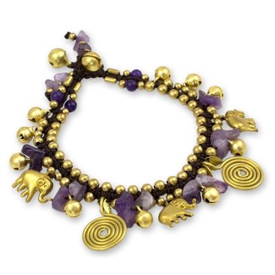Alternate image for Hand Crafted Brass and Amethyst Elephant Charm Bracelet Splendor of Siam