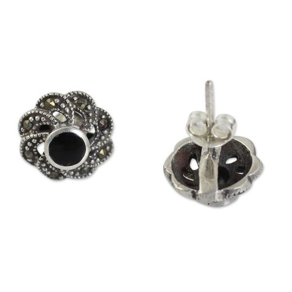 Alternate image for Sterling Silver Vintage Earrings with Onyx and Marcasite Midnight Blooms