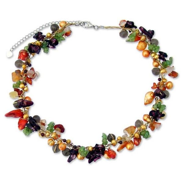 Alternate image for Colorful Multi Gemstone Beaded Necklace Sweet Floral Cascade