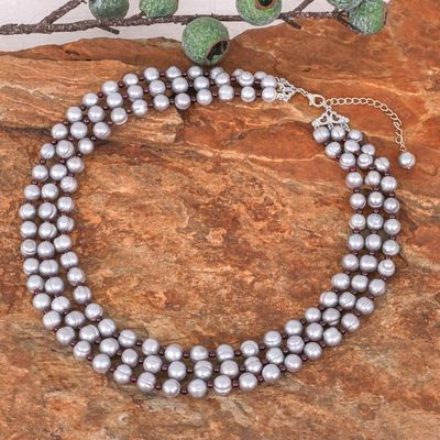 Alternate image for Handmade Grey Cultured Pearl and Garnet Strand Necklace Magic Pearl