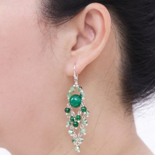 Alternate image for Green Quartz and Glass Bead Chandelier Style Earrings Brilliant Meteor