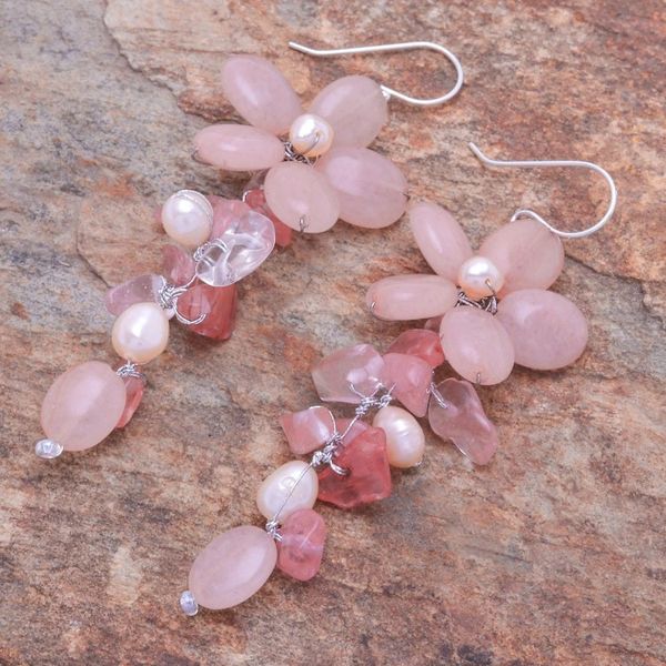 Alternate image for Pink Quartz and Cultured Pearl Floral Earrings Petal Passion in Pink