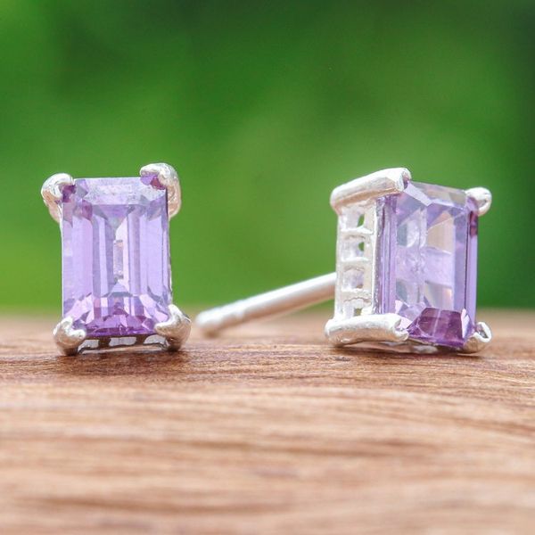 Alternate image for High-Polished Baguette-Shaped Amethyst Stud Earrings Purple Baroness