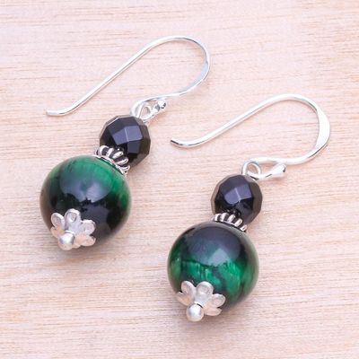 Alternate image for Hand Crafted Tigers Eye and Onyx Dangle Earrings Mystic Green