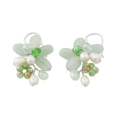 Alternate image for Green Quartz and Pearl Dangle Earrings from Thailand Elegant Flora in Green