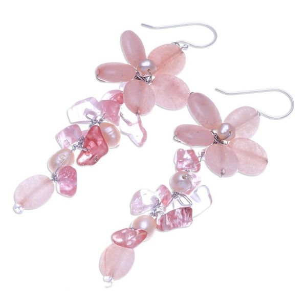 Alternate image for Pink Quartz and Cultured Pearl Floral Earrings Petal Passion in Pink