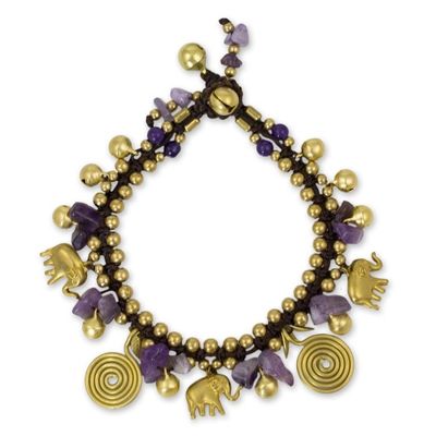 Alternate image for Hand Crafted Brass and Amethyst Elephant Charm Bracelet Splendor of Siam