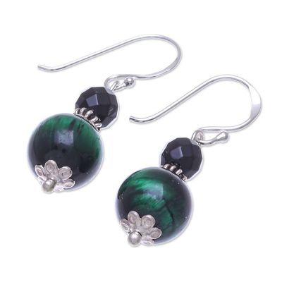 Alternate image for Hand Crafted Tigers Eye and Onyx Dangle Earrings Mystic Green