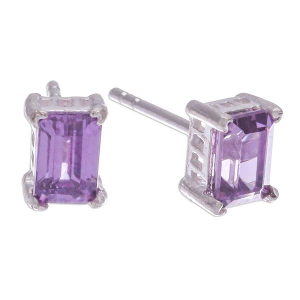 Alternate image for High-Polished Baguette-Shaped Amethyst Stud Earrings Purple Baroness