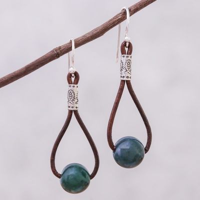 Alternate image for Hill Tribe Green Agate and Leather Dangle Earrings Karen Culture