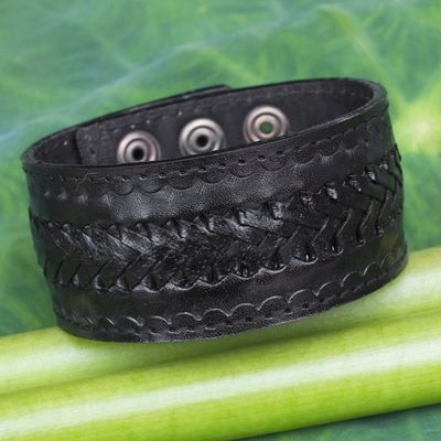 Alternate image for Handcrafted Mens Black Leather Wristband Bracelet Rugged Black