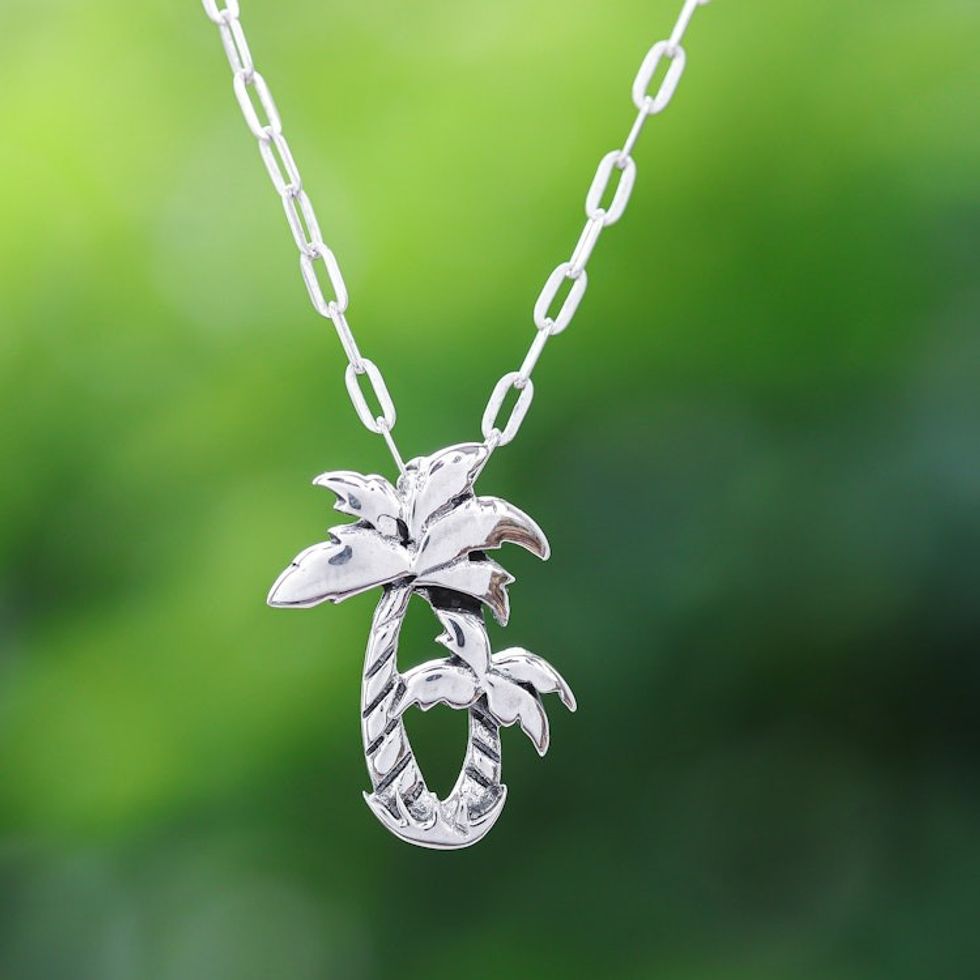 Thai Sterling Silver Twin Palm Design Pendant Necklace 'Paradise Palms'