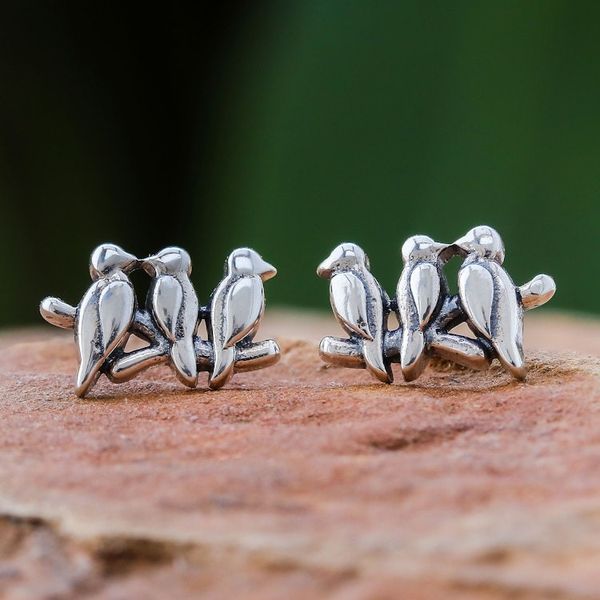 Alternate image for Thai Artisan Handcrafted Sterling Silver Button Earrings Twittering Trio