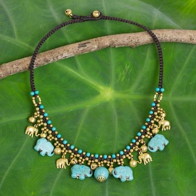 Alternate image for Hand Crafted Necklace with Brass and Blue Calcite Elephants Blue Elephant Charm