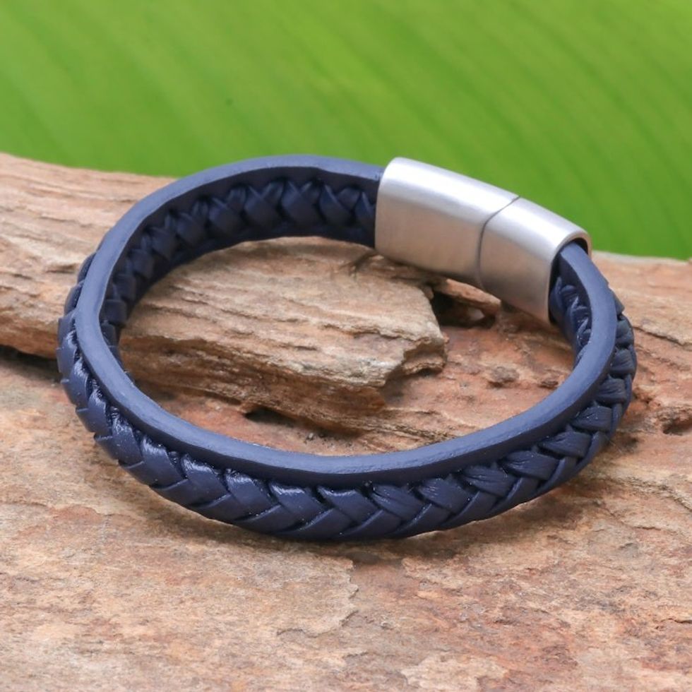 Midnight Leather Braided Wristband Bracelet from Thailand 'Cool Style in Midnight'