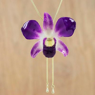 Alternate image for Genuine Purple Orchid Resin Pendant Necklace with Gold Chain Orchid Majesty