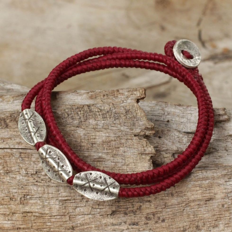 Silver 950 and Red Cord Wrap Bracelet from Thailand 'Chiang Mai Red'