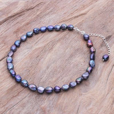 Alternate image for Blue Cultured Pearl and Sterling Silver Choker Necklace Mermaid Gem in Peacock