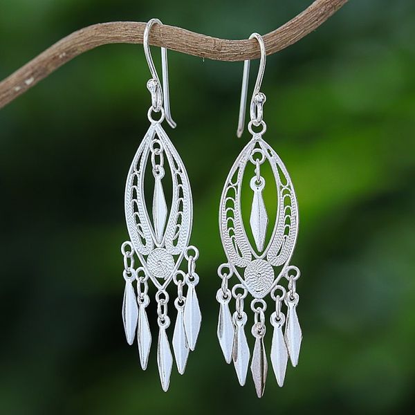 Alternate image for Sterling Silver Filigree Chandelier Earrings from Thailand Shining Spears