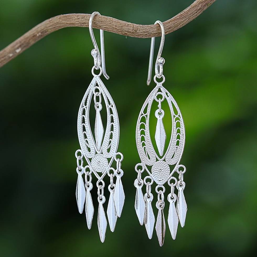 Sterling Silver Filigree Chandelier Earrings from Thailand 'Shining Spears'