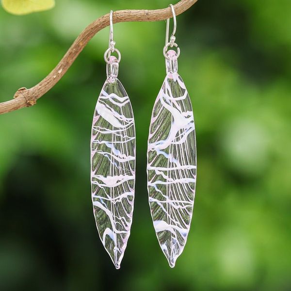 Alternate image for Handblown Leaf-Shaped Pink Glass Dangle Earrings Ethereal Leaf