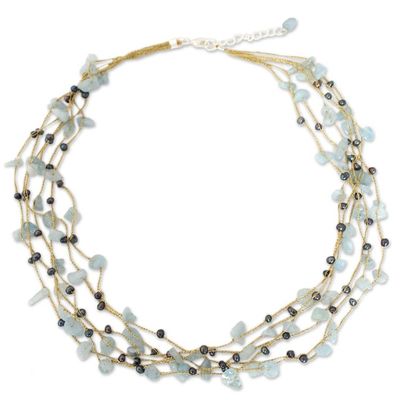 Alternate image for Hand Made Thai Beaded Pearl and Aquamarine Necklace Afternoon Sigh