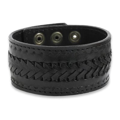 Alternate image for Handcrafted Mens Black Leather Wristband Bracelet Rugged Black