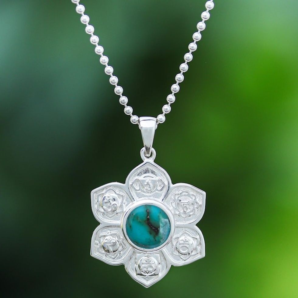 Turquoise and Sterling Silver Floral Necklace 'Chakra Spirit'