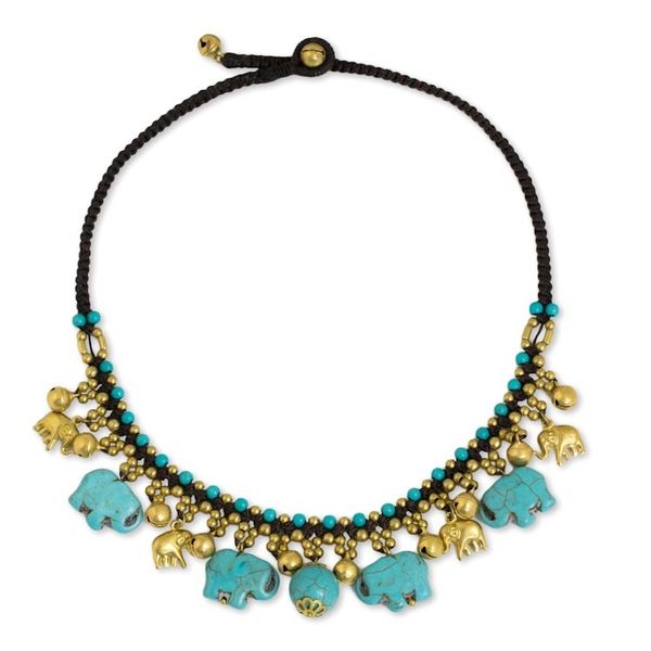 Alternate image for Hand Crafted Necklace with Brass and Blue Calcite Elephants Blue Elephant Charm