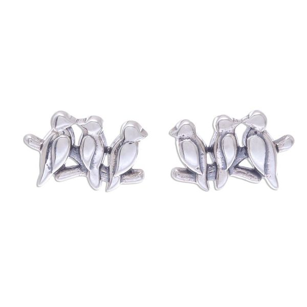 Alternate image for Thai Artisan Handcrafted Sterling Silver Button Earrings Twittering Trio