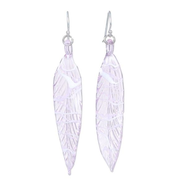 Alternate image for Handblown Leaf-Shaped Pink Glass Dangle Earrings Ethereal Leaf
