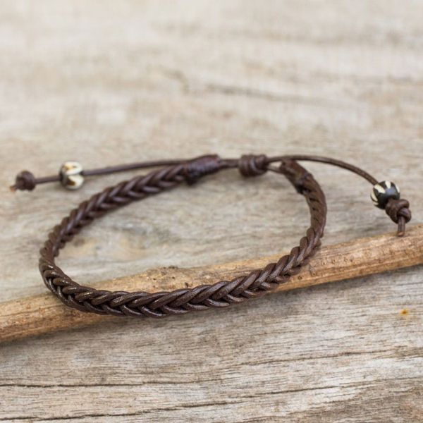 Alternate image for Thai Brown Leather Braided Mens Bracelet Single Brown Braid