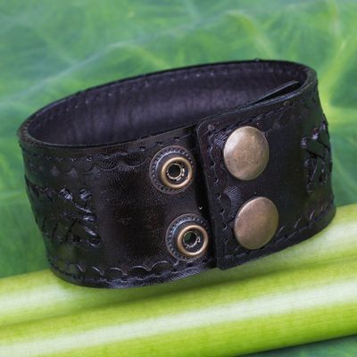 Alternate image for Handcrafted Mens Black Leather Wristband Bracelet Rugged Black