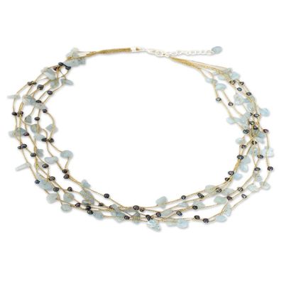 Alternate image for Hand Made Thai Beaded Pearl and Aquamarine Necklace Afternoon Sigh