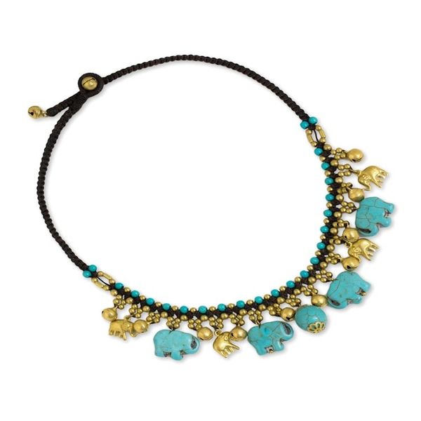 Alternate image for Hand Crafted Necklace with Brass and Blue Calcite Elephants Blue Elephant Charm