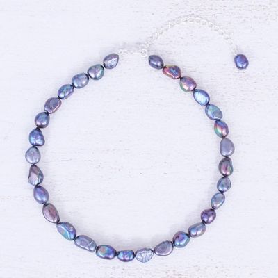 Alternate image for Blue Cultured Pearl and Sterling Silver Choker Necklace Mermaid Gem in Peacock