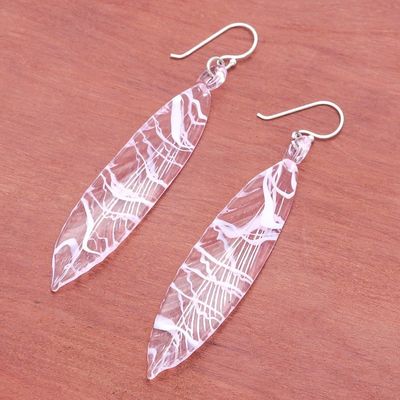Alternate image for Handblown Leaf-Shaped Pink Glass Dangle Earrings Ethereal Leaf
