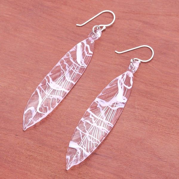 Alternate image for Handblown Leaf-Shaped Pink Glass Dangle Earrings Ethereal Leaf
