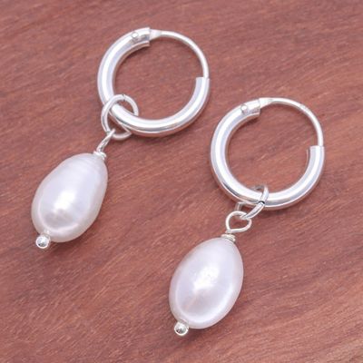 Alternate image for Polished Sterling Silver Hoop Earrings with Cultured Pearls Pure Splendor