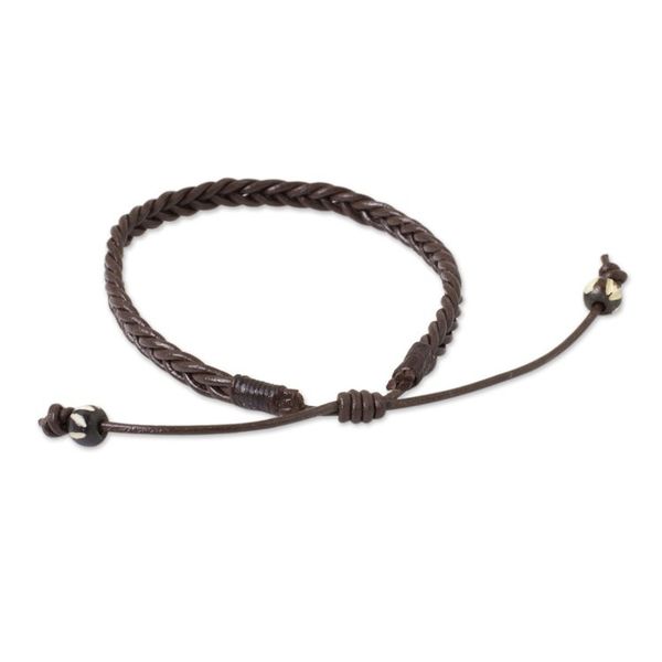Alternate image for Thai Brown Leather Braided Mens Bracelet Single Brown Braid