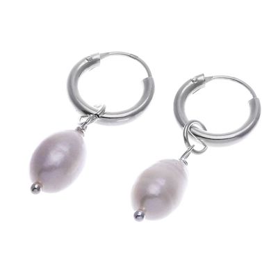 Alternate image for Polished Sterling Silver Hoop Earrings with Cultured Pearls Pure Splendor