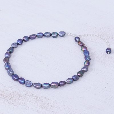 Alternate image for Blue Cultured Pearl and Sterling Silver Choker Necklace Mermaid Gem in Peacock