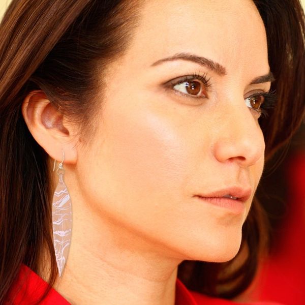 Alternate image for Handblown Leaf-Shaped Pink Glass Dangle Earrings Ethereal Leaf