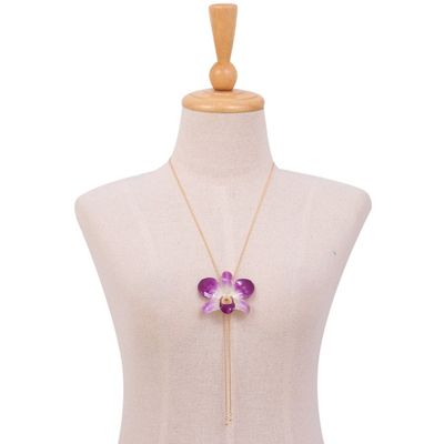 Alternate image for Genuine Purple Orchid Resin Pendant Necklace with Gold Chain Orchid Majesty