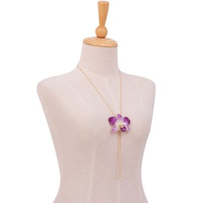 Alternate image for Genuine Purple Orchid Resin Pendant Necklace with Gold Chain Orchid Majesty