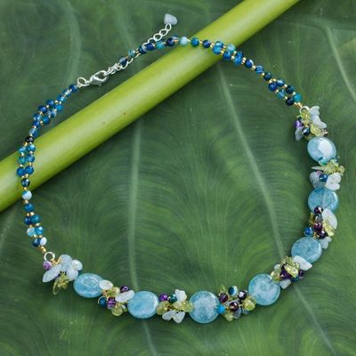 Alternate image for Artisan Crafted Beaded Aquamarine and Agate Necklace Light Blue Peonies