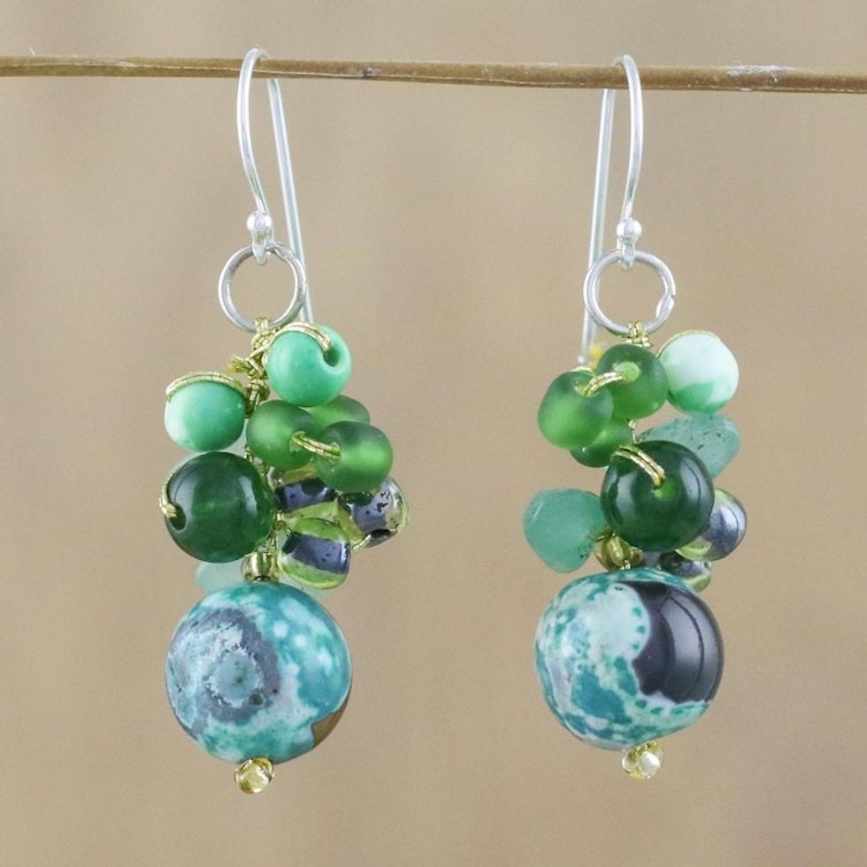 Green Quartz and Glass Bead Dangle Earrings from Thailand 'Lovely Blend in Green'