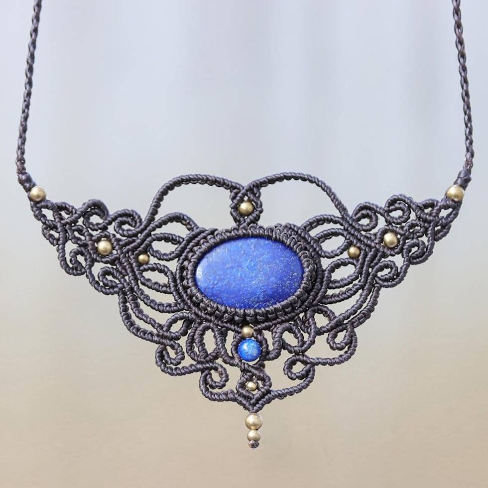 Lapis Lazuli Waxed Polyester Cord Pendant Necklace 'Bohemian Midnight'