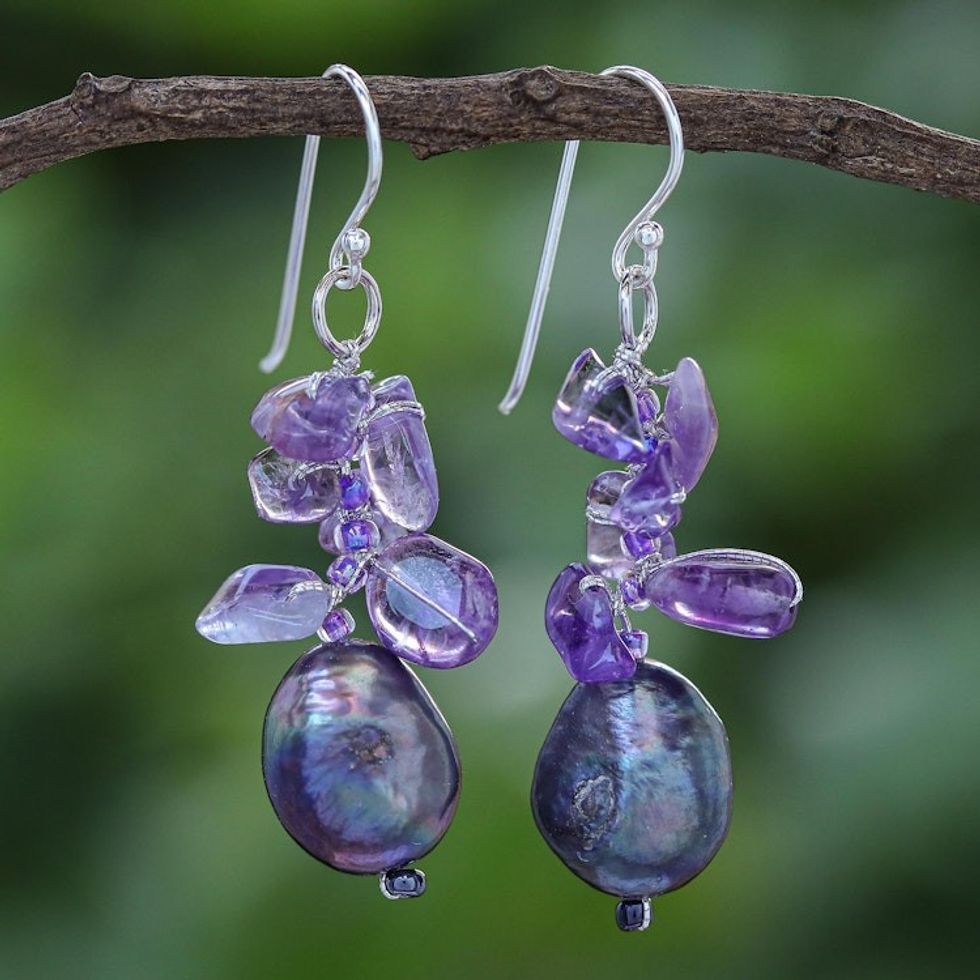 Amethyst and Cultured Pearl Cluster Earrings 'Polar Sleep'